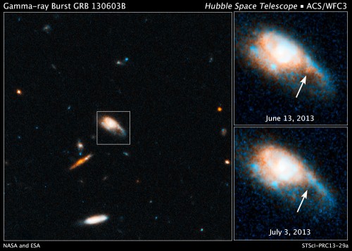 Selbst mit Hubble kaum zu sehen - das Nachglühen des Gammablitz.