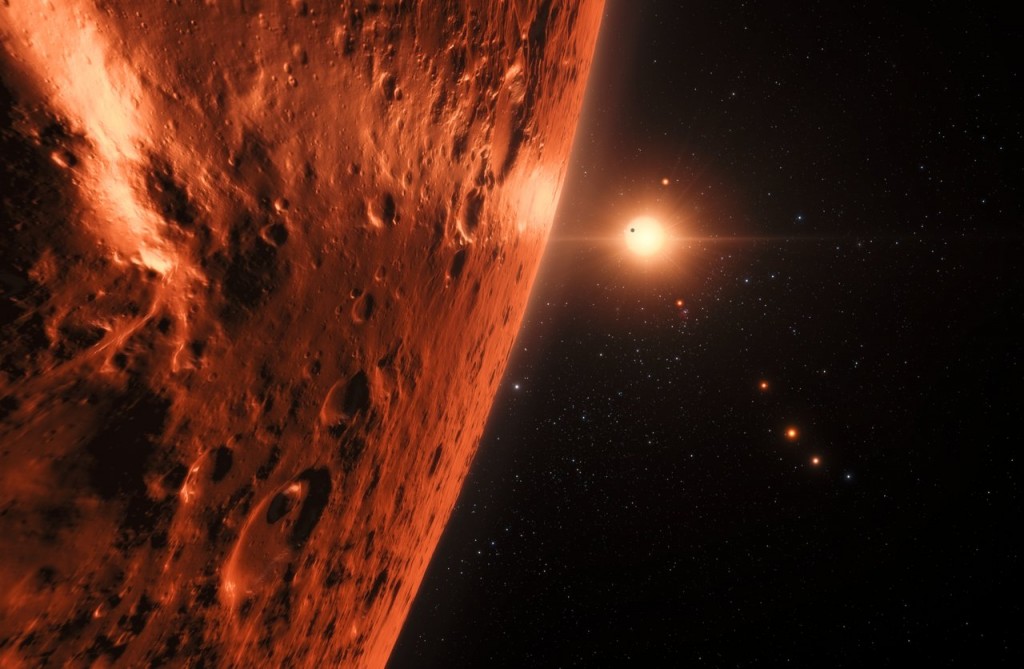 So könnte der Blick von einem Planeten auf Trappist-1 aussehen (Bild: ESO/N. Bartmann/spaceengine.org)